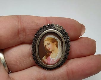 Broche Ancienne Peinture Miniature Barque Et Mer - Laiton, Verre, Occasion, #BX