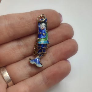 Vintage Articulated Filigree Fish Pendant: Gold Washed Sterling Silver Cloisonne