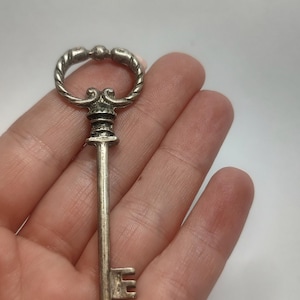 May include: A silver key with a decorative, twisted, ornate head and a simple, straight shaft.