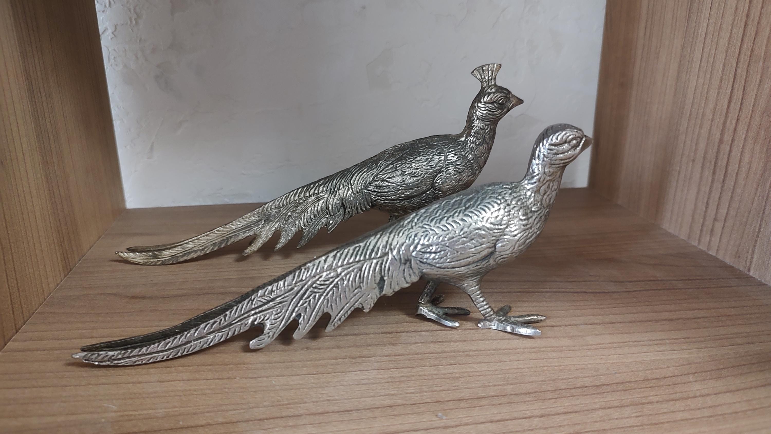 Vintage Silver-tone Metal Peacock Figurines – Male & Female Bird