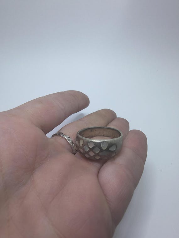 Sterling Silver Shell Inlay Ring: Geometric Boho … - image 1