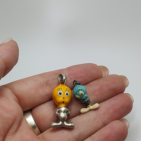 Vintage Sterling Silver and enamel Tweety pendants set