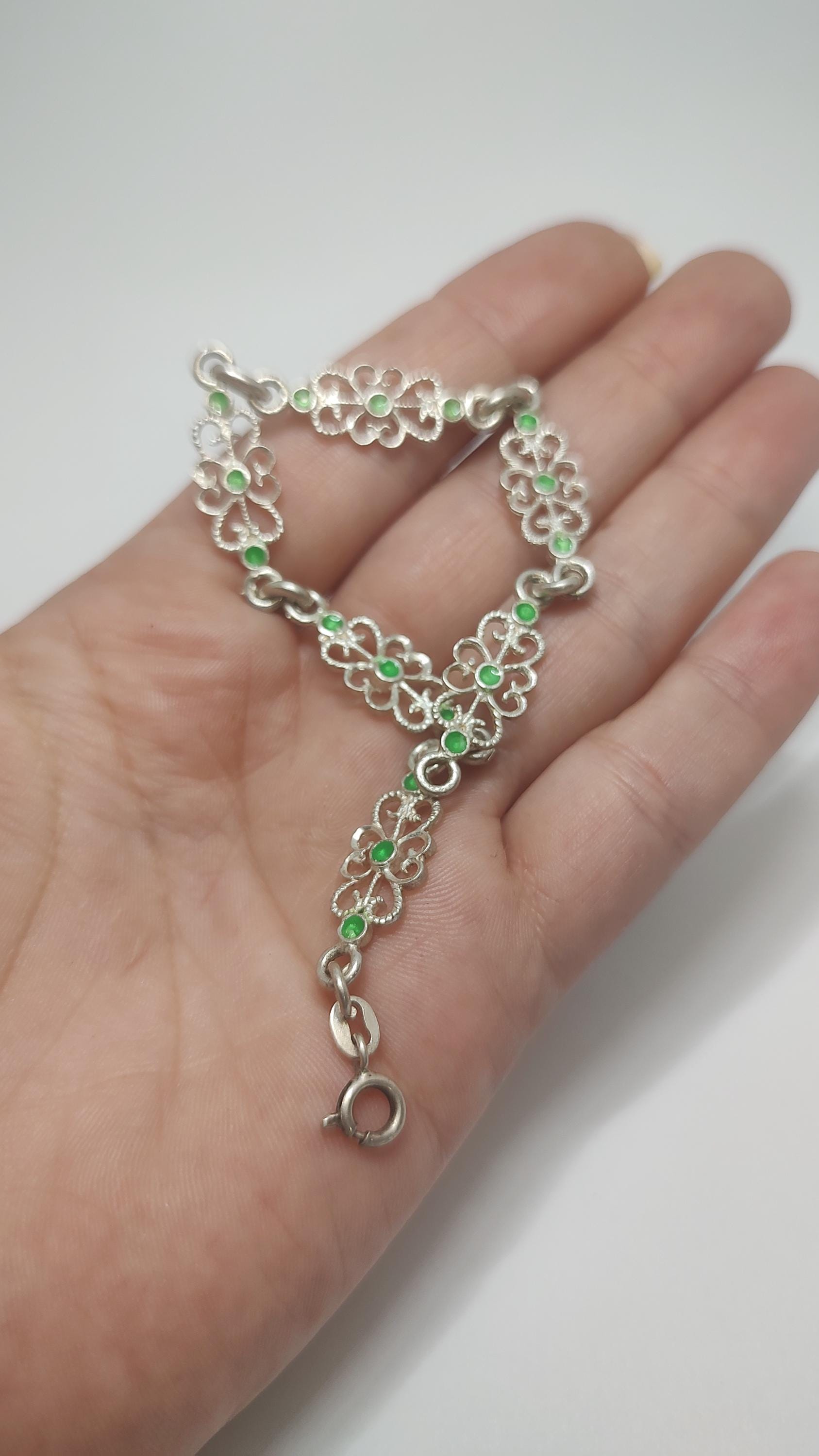 ヴィンテージイタリアン800シルバーブレスレット、グリーンエナメル