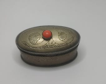 Vintage Berber Metal Pill Box: Ornate Coral Gemstone Snuff Box
