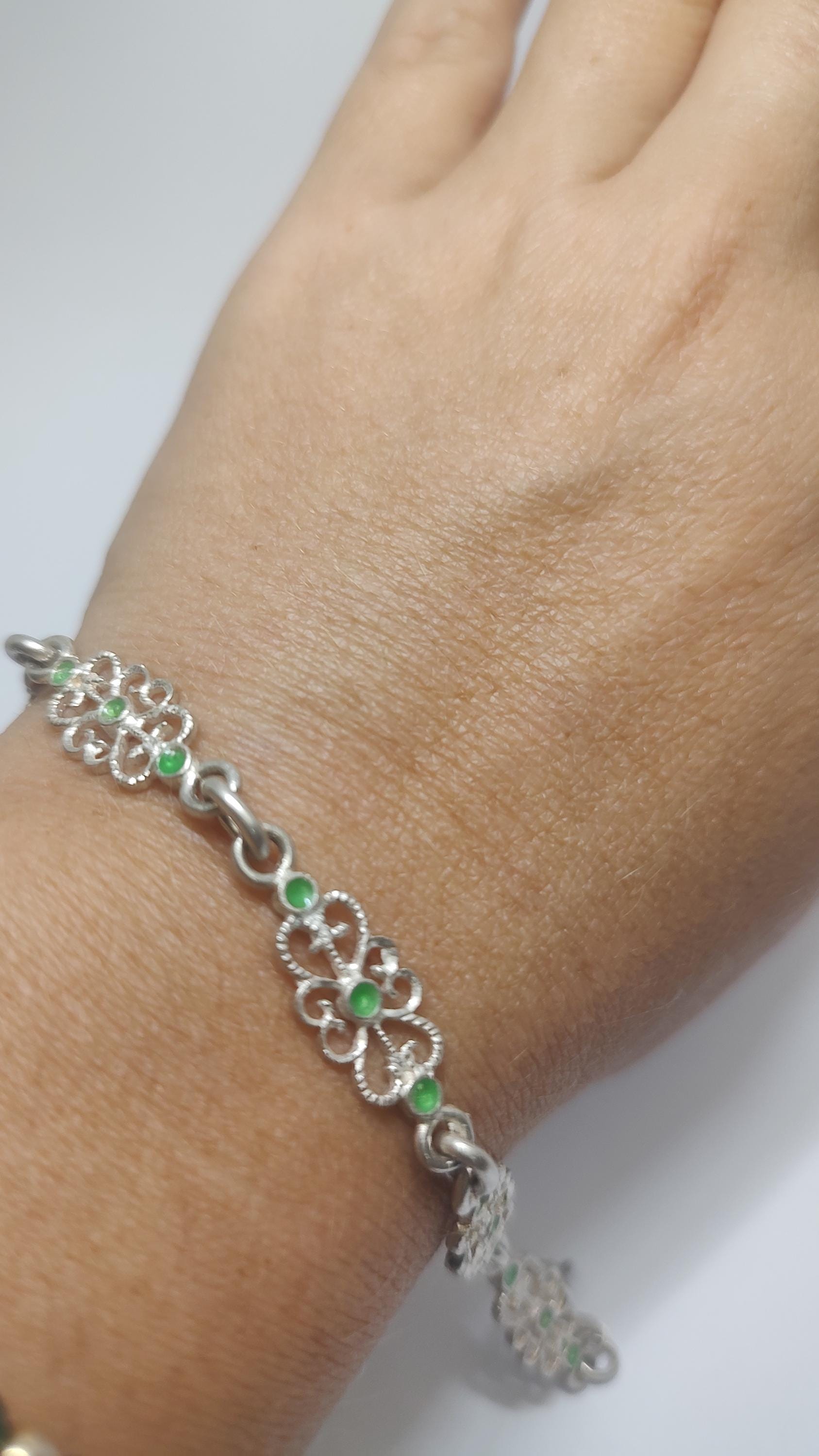ヴィンテージイタリアン800シルバーブレスレット、グリーンエナメル