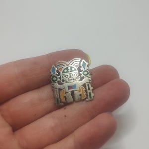 Vintage Aztec Sterling Silver Brooch – Enamel Tribal Warrior Pin – 4.06g – Mexican Folk Jewelry 925