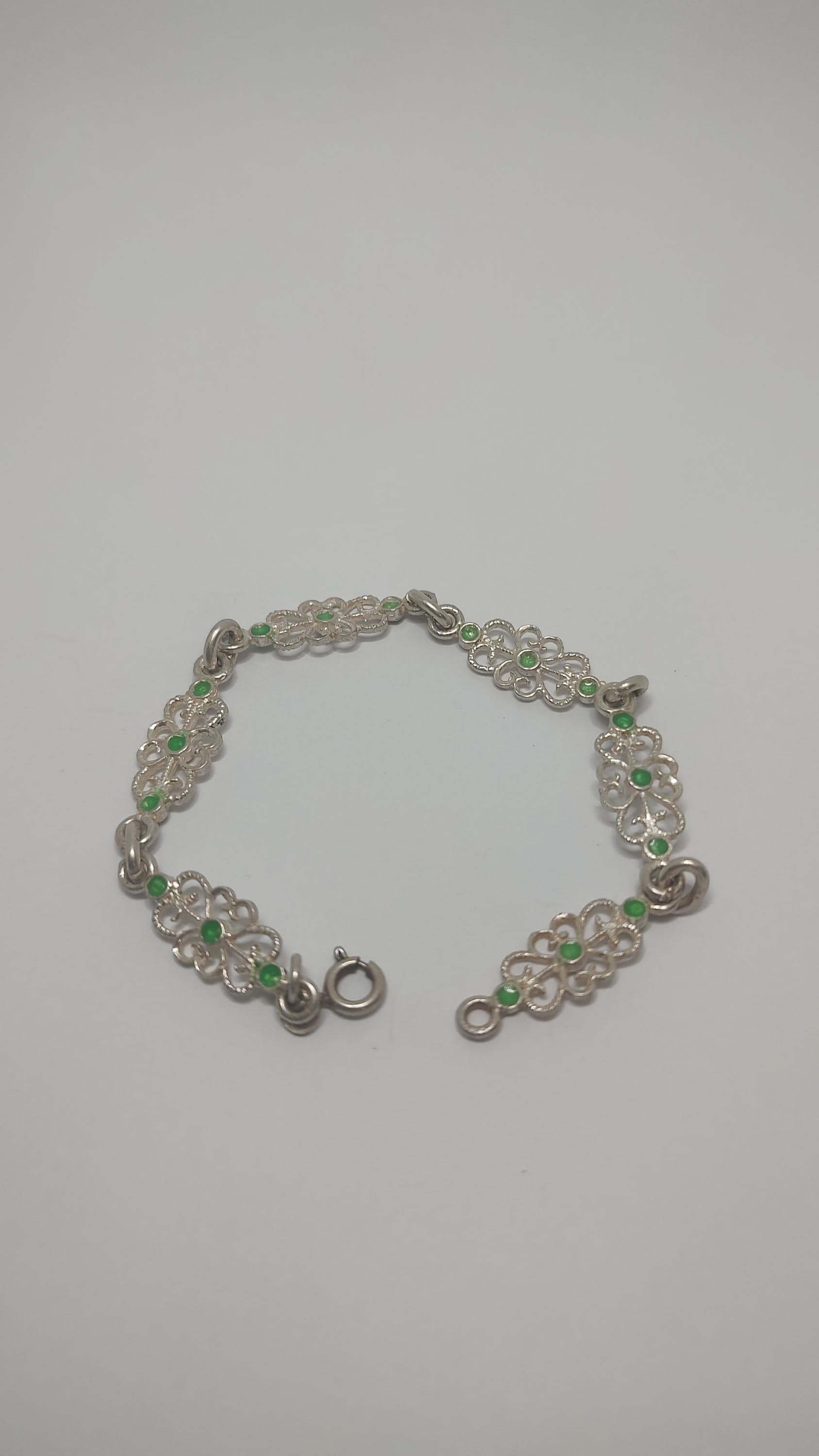 ヴィンテージイタリアン800シルバーブレスレット、グリーンエナメル
