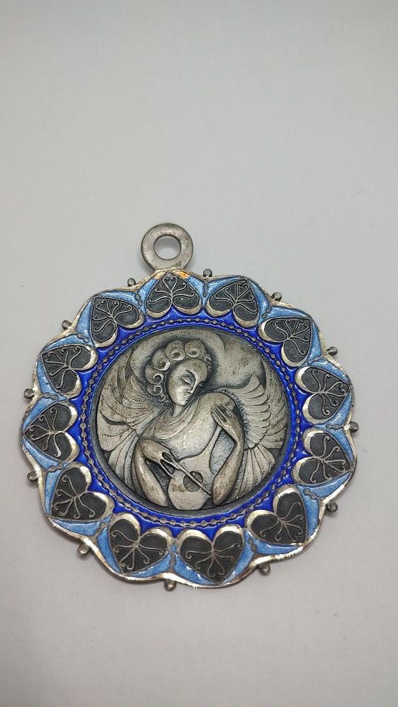 Rare Art Nouveau Modernist Angel Musician enamel … - image 5