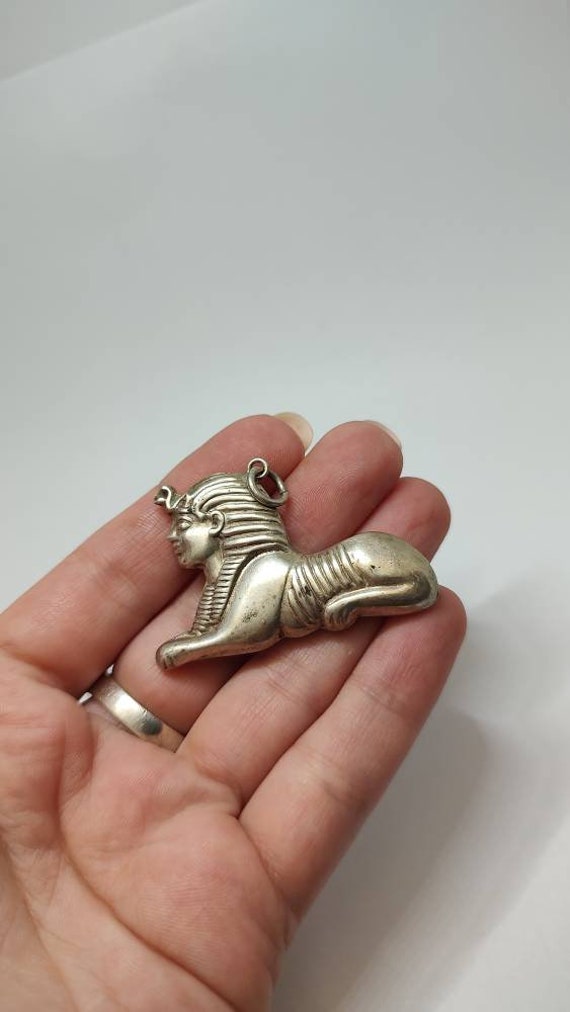 Vintage Egyptian Sphinx solid silver large pendant - image 1