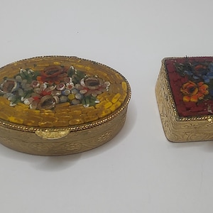 Vintage Italian Micro Mosaic Pill Boxes Set – Floral Gilded Brass Trinket Boxes – Italy Souvenir Gift