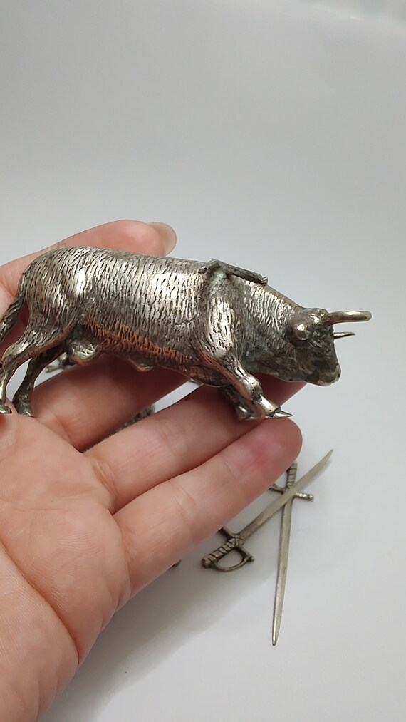 Rare Solid Silver Cow Bull Matador with swords statue… - Gem