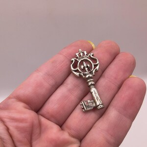 May include: A silver-toned metal key charm featuring an ornate bow with a crown and a central fleur-de-lis emblem. The key has a detailed, textured shaft and a bit with a distinct cut pattern, showcasing a metallic finish with darkened accents.