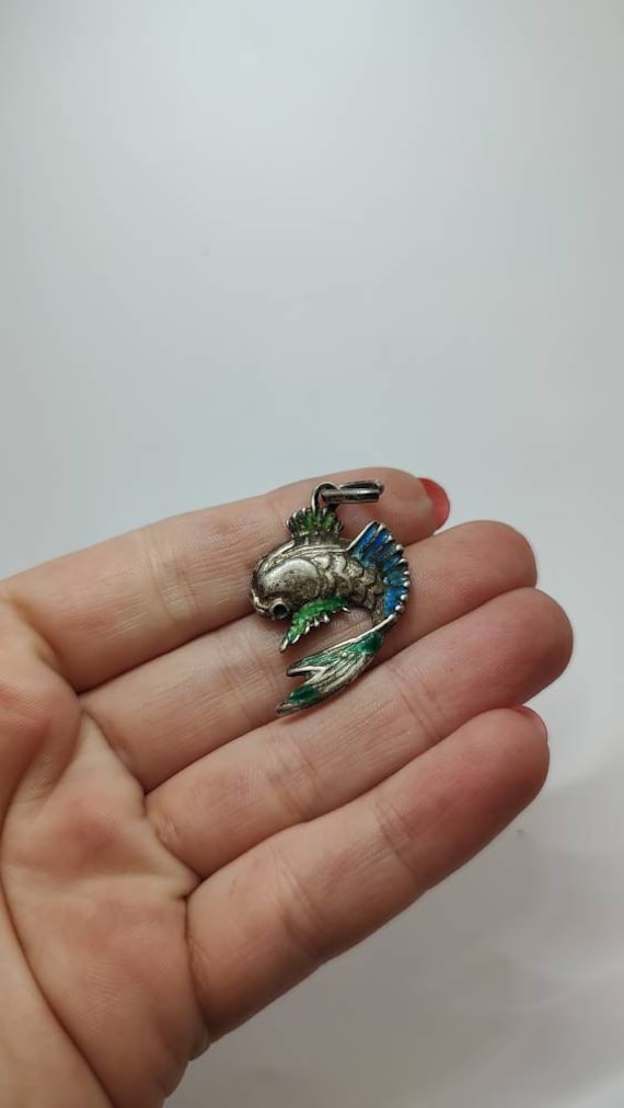 Italian designer Solid silver Fish Cloisonne Pend… - image 1