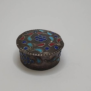 Vintage sterling silver enamel  snuff pill box,round silver snuff pill box