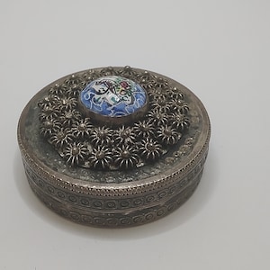 Antique 800 Silver pill box with bird design porcelain