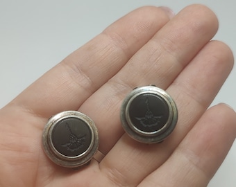 Antique Black Hardstone Intaglio Clip-On Earrings, Sterling Silver Vintage Earrings, Carved Gemstone Statement Jewelry