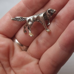 May include: A silver-colored figurine of a dog, possibly a pointer, standing on all four legs. The figurine is detailed with a textured surface and has a slightly raised tail.