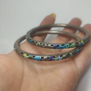Vintage Chinese Silver Enamel Bangle Bracelets – Hand-Painted Floral Cloisonné – Set of 2 – Tested Silver – 6.5 cm Diameter
