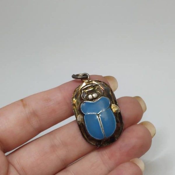 Vintage Solid silver Large Scarab,Vintage silver scarabeo ,egyptian revival pendant