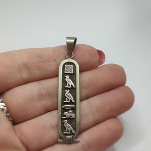 Sterling Silver Egyptian Cartouche Pendant • Eye of Horus Back • 2.92 g • 5.3 cm • Protection Hieroglyph Amulet