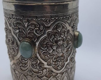 Rare Burma Myanmar antique solid silver and jade gemstone box