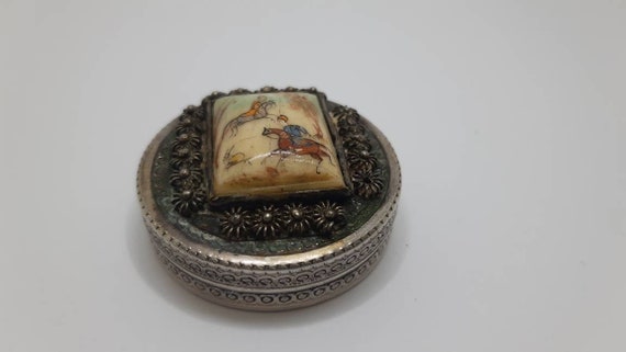 Antique Filigree Silver mini box with Hand Painte… - image 1