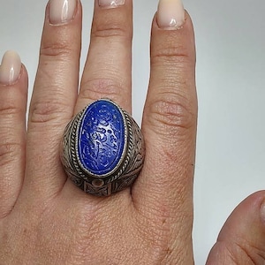 Antique islamic lapis lazuli silver ring,rare carved gemstone sterling silver ring