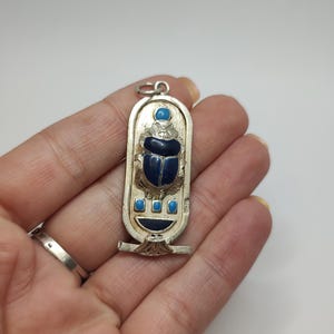 Vintage Sterling silver  Scarab Amulet,Vintage silver scarabeo ,egyptian revival pendant decorated with blue enamel