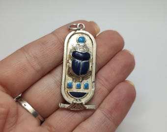 Vintage Sterling silver  Scarab Amulet,Vintage silver scarabeo ,egyptian revival pendant decorated with blue enamel