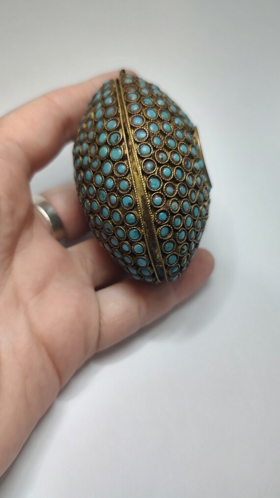 彫刻/オブジェ  - Ano egg 80x50mm turquoise Antique Tibetan Egg Shaped Box With Turquoise Blue Stone