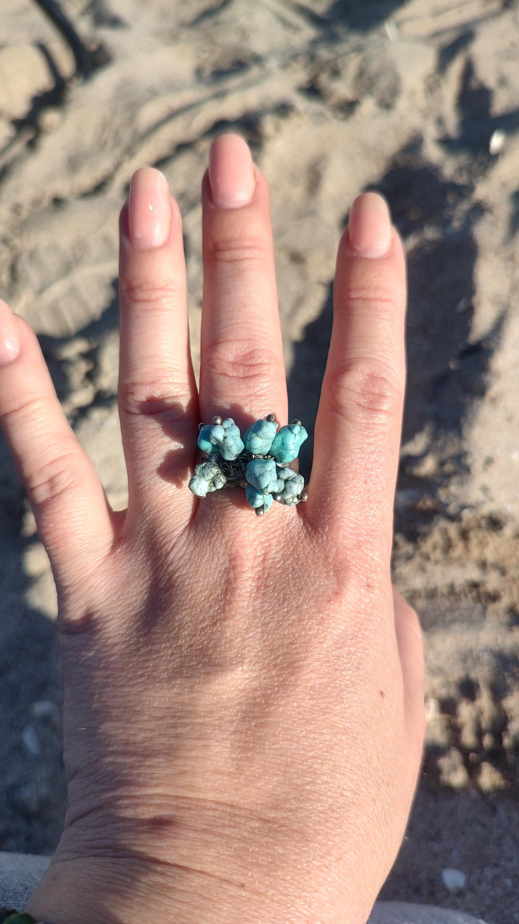 Vintage Turquoise Cluster Ring | 800 Silver Mid Century Boho