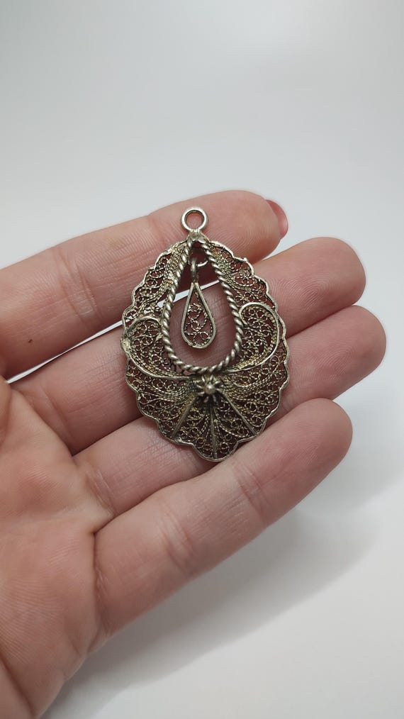 Pendentif Ancien En Argent Massif Filigrané – Bijou Vintage Français, Occasion Porté