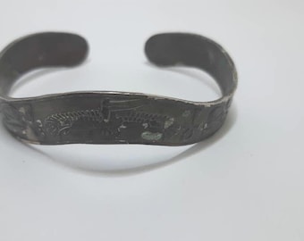 Vintage Egyptian Hand-Engraved Solid Silver Cuff Bracelet | Adjustable Tribal Boho Bangle