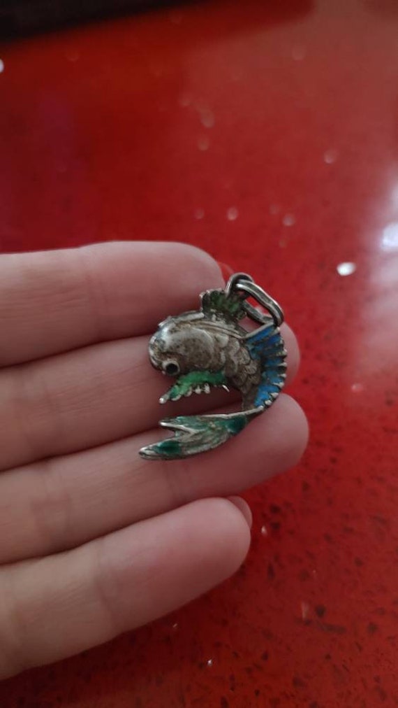 Italian designer Solid silver Fish Cloisonne Pend… - image 2