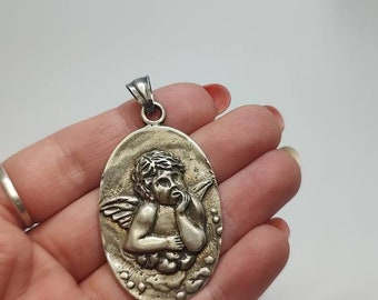 Antique Cherub Angel Sterling Silver Pendant: Patina Finish