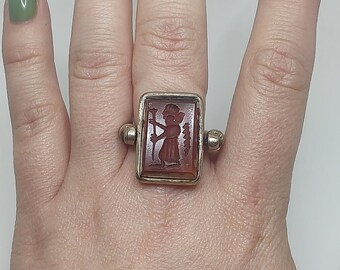 希少な古代カーネリアンインタリオリング - ブロンズセッティングの