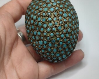 Antique Tibetan Egg Shaped Box With Turquoise Blue Stone