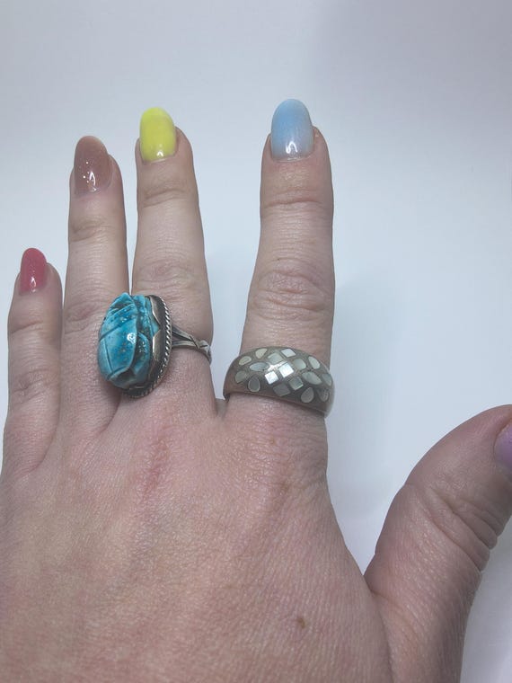 Sterling Silver Shell Inlay Ring: Geometric Boho … - image 2