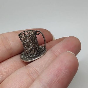 Rare mini  solid silver filigree cup figurine,Rare Sterling Silver Cup Miniature,Dololhouse sterling cup
