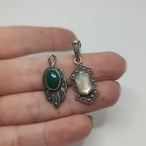 Sterling Silver Art Deco Pendants: Jade & Abalone Charms
