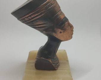 Vintage Nefertiti cooper brass Statue on onyx holder