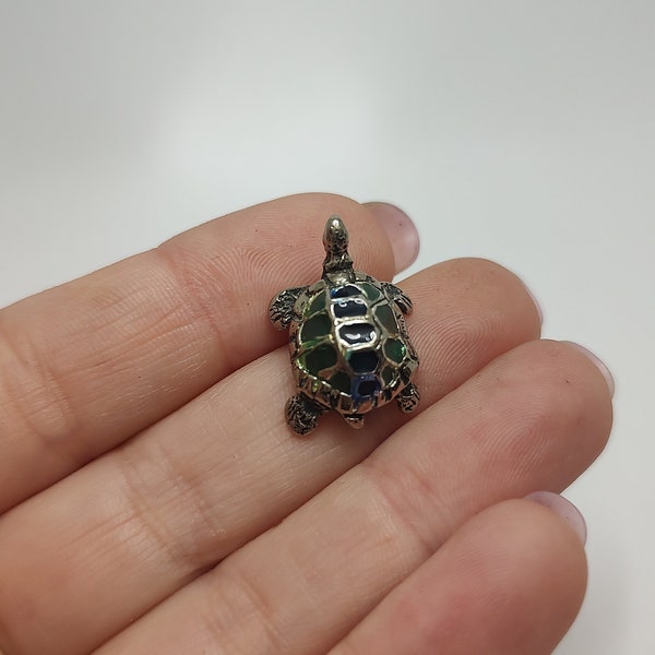 Vintage enamel solid silver turtle,good luck gift,sterling silver mini turtle