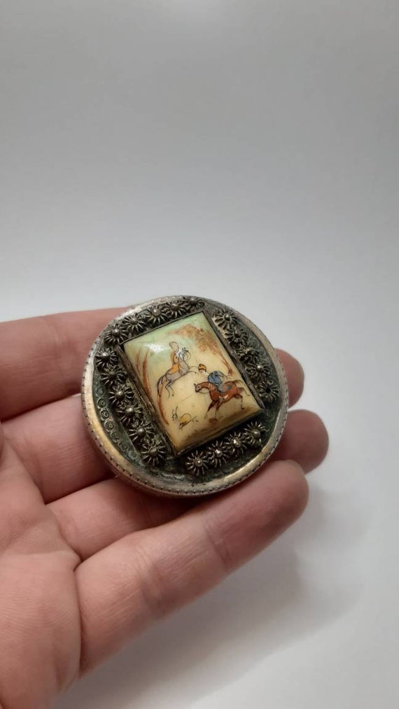 Antique Filigree Silver mini box with Hand Painte… - image 2