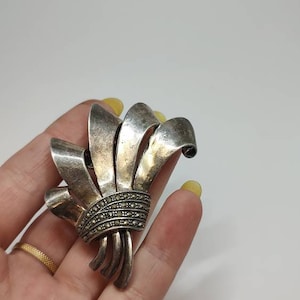 Vintage Art Deco large sterling silver pin brooch,Sterling silver marcasites brooch
