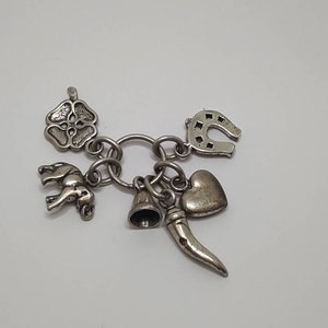 Puede incluir: Un brazalete de plata con una variedad de dijes, incluyendo una herradura, un corazón, una campana, un cuerno, un elefante y un trébol de cuatro hojas.