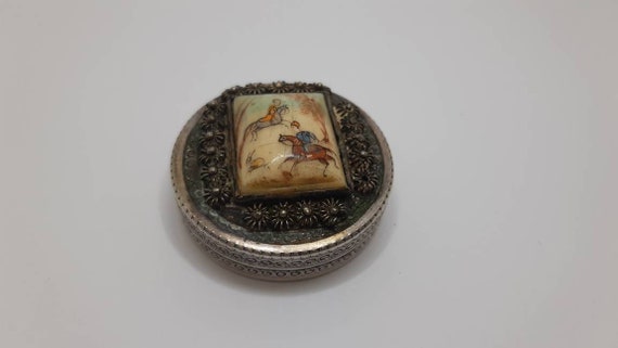 Antique Filigree Silver mini box with Hand Painte… - image 6
