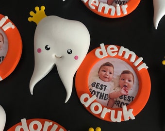 Twins First Tooth Party, First tooth party favors, Tooth party frame, First tooth gift, Personalized First tooth magnet, Snayniyeh favors