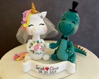 Unicorn and Dinosaur Wedding Cake, Bride Unicorn Cake Topper, Groom Dinosaur Cake Topper,  Fantasy Wedding Topper, Cute Wedding Cake Topper