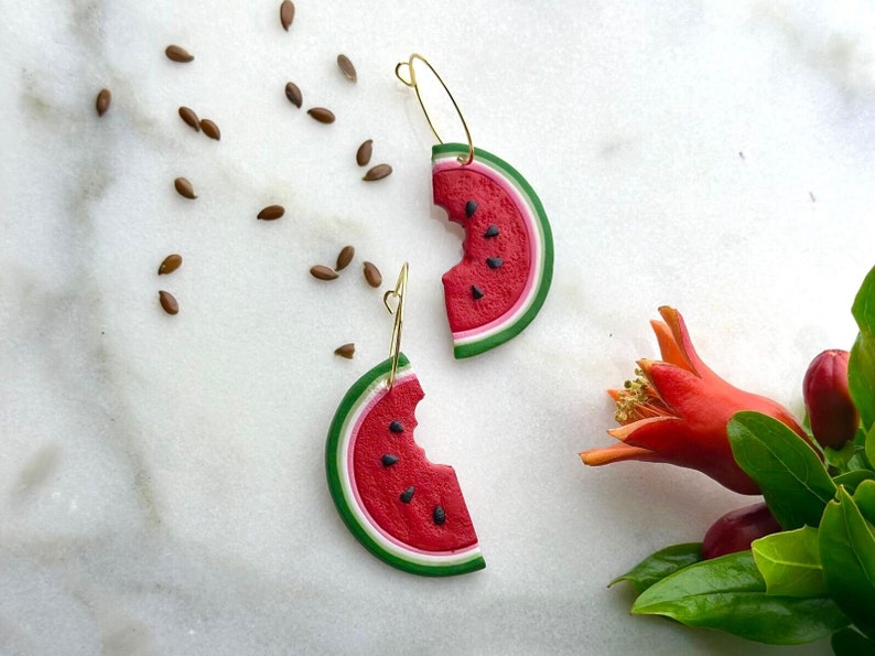 Watermelon earrings, Watermelon accessory, Polymer clay earrings, Handmade earrings, Handcrafted earrings, Unique personalized earrings image 1