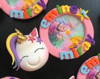 Unicorn birthday frame, 1st birthday  favors, Personalized birthday frame, Unicorn magnet, Baptism favor for girl, Bomboniere battesimo